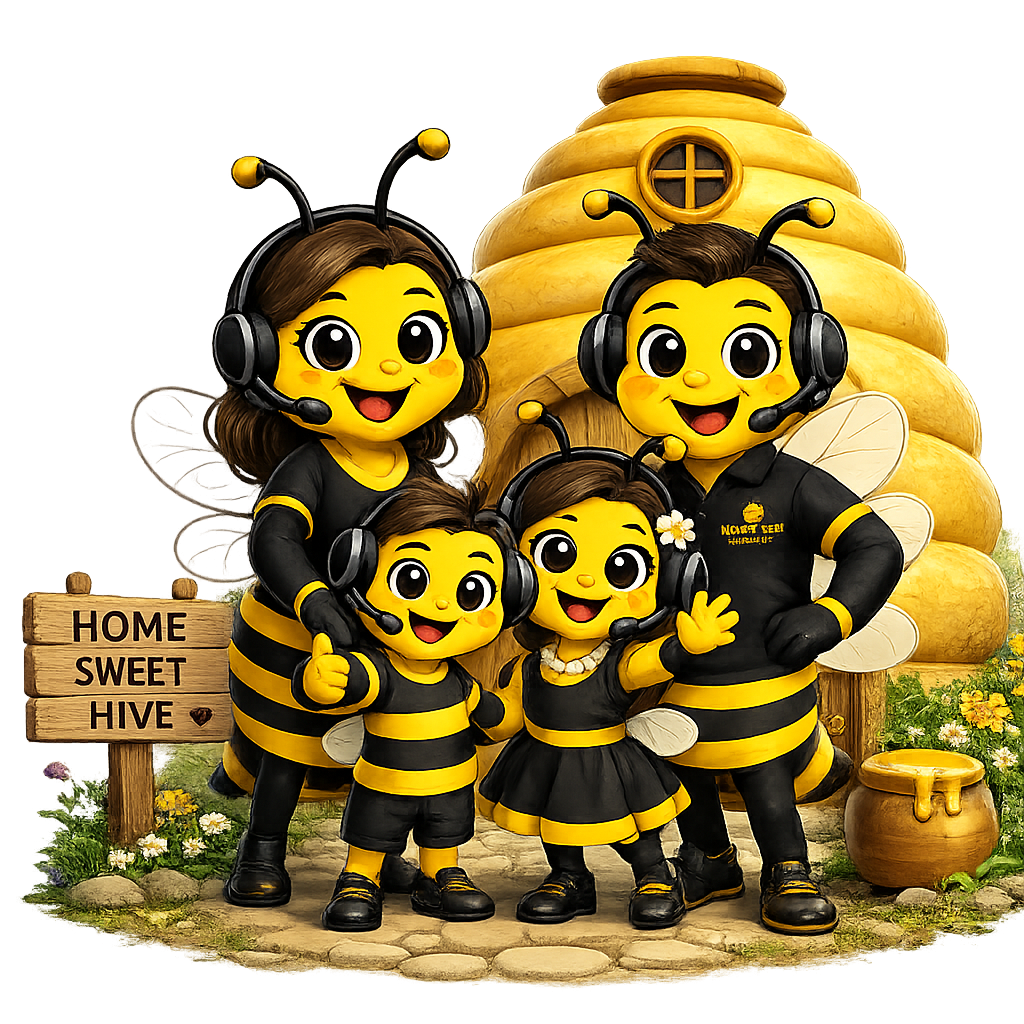 Happy bee family in front of hive